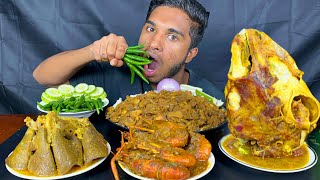 spicy mutton boti curry full goat lungs goat head curry and prawns curry with rice eating show [upl. by Yetnom838]