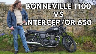 Used Market BATTLE  Triumph Bonneville T100 Review vs Royal Enfield Interceptor 650 [upl. by Tristas]