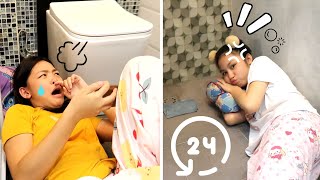 24 HOURS IN THE BATHROOM PART 2 WHILE EATING GUMMY AND REAL FOOD CHALLENGE FOR A DAY  Aurea amp Alexa [upl. by Eada]