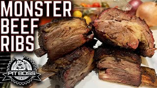 UNREAL MONSTER BEEF RIBS ON THE PIT BOSS VERTICAL PELLET SMOKER EASY RECIPE [upl. by Ssegrub]