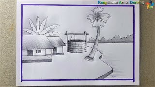 How to draw a Village Scenery ✅ Village Nature 💚💛Gramer Prakitik Drisso Drawing❤ [upl. by Akeenahs]