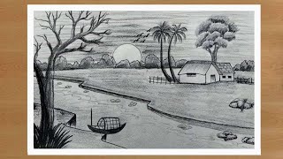 Gramer Drisso💖Village Scene Drawing  How to Draw landscape [upl. by Nahseez]