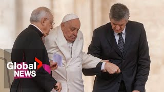 Pope Francis struggles to climb steps before weekly Vatican City audience [upl. by Sedgewick]