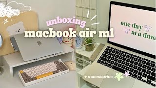 macbook air m1 unboxing in 2024  my first macbook 🤍  essential accessories [upl. by Stoops]