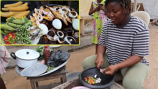 AFRICAN Ghanaian Cooking Taro leaves stew Kontomire and plantain AMPESI in West Africa [upl. by Enutrof986]