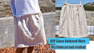 DIY linen gathered skirt with elastic waistband and pockets  Sashiko style embroidery [upl. by Nyltac]