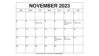 Printable November 2023 Calendar Templates With Holidays  Wiki Calendar [upl. by Ronoh]