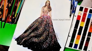 How to Paint  Fashion Illustration for beginners SparklyGlitter Gown [upl. by Flossi928]