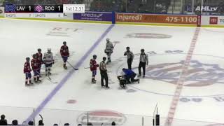 AHL Referee Rob Hennessey Injured in Collision with Amerks Clague [upl. by Arob272]