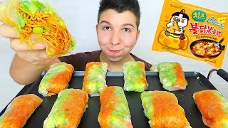 Cheesy Spicy Ramen Noodle Spring Rolls 불닭볶음면 • MUKBANG [upl. by Ahsenad]