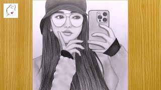 How to draw a girl with glasses easy  A Girl with Selfie Drawing  BTS Cap Girl Drawing  Drawing [upl. by Allerim272]