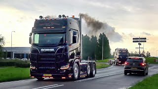 Truckshow Nederhemert 2024 with Scania V8 L6 DAF amp Volvo open pipes sound [upl. by Haeel]