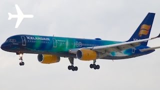 Icelandair Hekla Aurora Aurora Borealis 757200 landing at London Heathrow Airport [upl. by Leonanie]