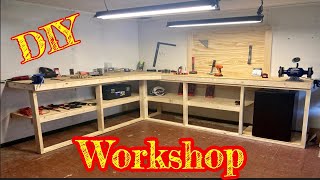 Workbench Build How to build a corner workbench with a tool wall garage DIY [upl. by Nevad628]