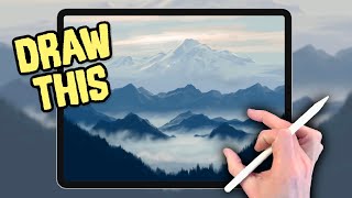 HOW TO PAINT REALISTIC LANDSCAPE 1 Mountains in the mist painting tutorial iPad Pro  Apple Pencil [upl. by Coney]