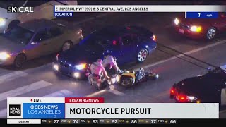 CHP officers push motorcyclist off bike ending high speed pursuit through LA County [upl. by Refeinnej376]