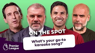 SKIP THAT ONEIM A TERRIBLE SINGER 🤣 On the Spot ft Arteta Guardiola Postecoglou Emery [upl. by Anirdnaxela]