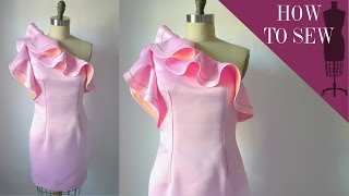 How To Sew A One Shoulder Satin Ruffle Dress [upl. by Aelgna]