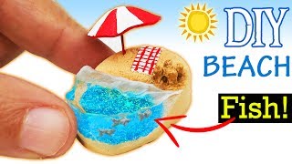 HOW TO MAKE MINIATURE BEACH SUMMER diy craft polymer clay epoxy resin tutorial sandcastle [upl. by Ammadas]