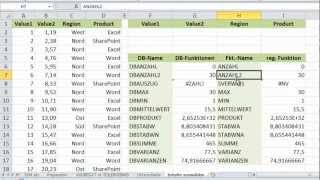 Excel  Zwölf DatenbankFunktionen  DBSUMME DBMITTELWERT DBAUSZUG etc [upl. by Namzaj889]