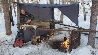 Winter Camping in Raised Bushcraft Shelter  Level 100 Campfire Cooking [upl. by Codee]