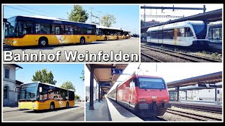 Postautos und Züge beim Bahnhof Weinfelden Kanton Thurgau Schweiz 2021 [upl. by Namref]