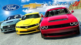 Mustang VS Camaro VS Challenger Race Down a Mountain in BeamNG Drive Mods [upl. by Lowenstein]