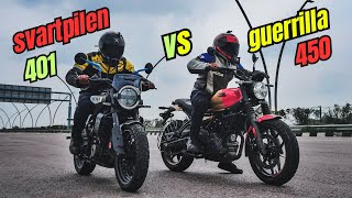 Husqvarna Svartpilen 401 Vs Royal Enfield Guerrilla 450 Drag Race  Amazing Battle [upl. by Atnaloj897]