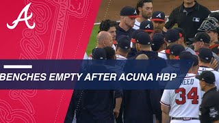 Benches clear after Ronald Acuna Jr is hit by a pitch from Jose Urena [upl. by Naraa]