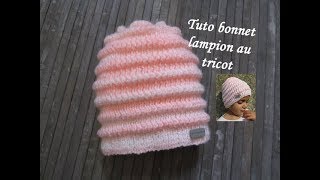 TUTO BONNET LAMPION AU TRICOT Stitch 3D knitting hat GORRO PUNTO RELIEVE DOS AGUJAS [upl. by Anaugal]