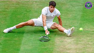 Carlos Alcaraz slips over and somehow still wins set point 🤯  Wimbledon 2024 [upl. by Conlen]