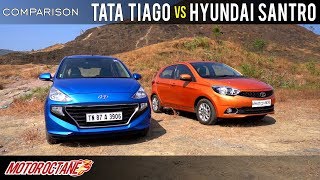 Tata Tiago vs Hyundai Santro 2019 Comparison  Hindi  MotorOctane [upl. by Dawes]