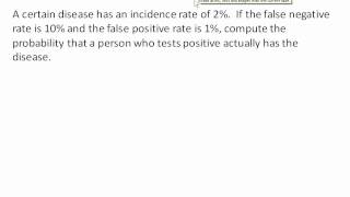 Probability of a disease given a postiive test Bayes Theorem ex2 [upl. by Atnod]