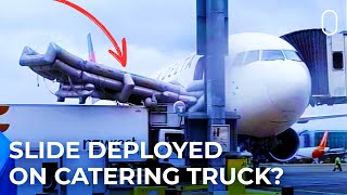 Delta Air Lines Boeing 767 Slide Blown On Top Of Catering Truck At London Gatwick [upl. by Yeldah629]