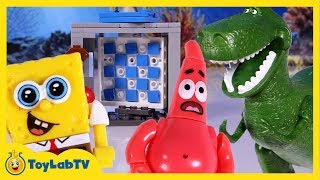 SpongeBob Sponge Out of Water Toys with Mega Bloks Time Machine amp Dinosaur Chase [upl. by Naji291]