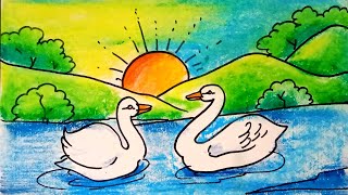 How to Draw a two Swan  Step by Step for kids  landscape Scenery of lake [upl. by Ferretti]