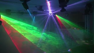 Home Disco Lights synchronized to Music 5 Scanners Moving Heads Lasers DMX controlled [upl. by Nauqahs]