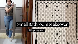 SMALL BATHROOM MAKEOVER PART 1 DIY Penny Tile Floor Transformation [upl. by Eanom]