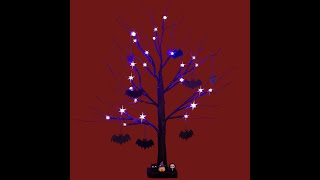 PEIDUO Halloween Decorations 2FT Black Halloween Tree with 24 Purple Lights and 8 Bat Ornaments Li [upl. by Shaffert]