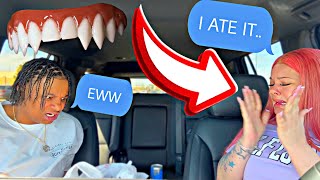 PUTTING VAMPIRE TEETH IN MY GIRLFRIEND FOOD HILARIOUS [upl. by Betsey]