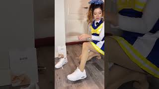 Wolford Tights Nylon Feet Legs White Skechers Sneakers Shoes Put On Cheerleader Cosplay Costume [upl. by Leopold]