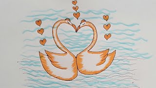 How to draw two Swans making a heart ❤️❤️ two lover Swans [upl. by Aicirt]