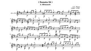 Silvius Leopold Weiss  Allemande  Sonata No 34 in D Minor  Score Video [upl. by Leidgam82]