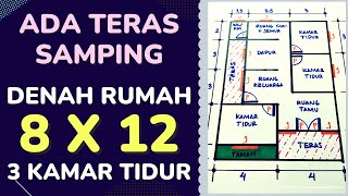 Denah Rumah Minimalis 3 Kamar Tidur Ukuran 8x12 Ada Teras Samping Rumah [upl. by Slotnick]