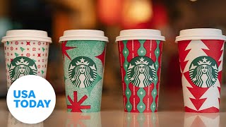 Starbucks introduces 2022 holiday cups festive menu  USA TODAY [upl. by Neirrad]