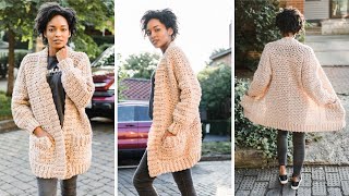 Chunky Crochet Cardigan WITH POCKETS  Beginner Crochet Winter Sweater Free Pattern  DIY Tutorial [upl. by Neral204]