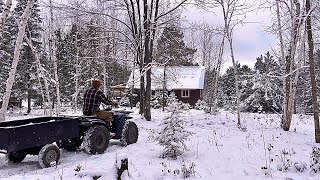 First Snowfall Of 2023 At Our Off Grid Cabin In The Woods Firewood Peeling Logs [upl. by Wright]