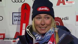 Mikaela Shiffrin 🇺🇸  Flachau women slalom Jan 16 2024 both runs  post race interview sheskis [upl. by Sorensen]