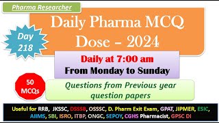 Day 218 Daily Pharma MCQ Dose Series 2024 II 50 MCQs II exitexam pharmacist druginspector dsssb [upl. by Polik514]