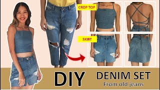 DIY Denim set from old jeans  Refashion jeans into crop top amp skirt [upl. by Hoskinson]